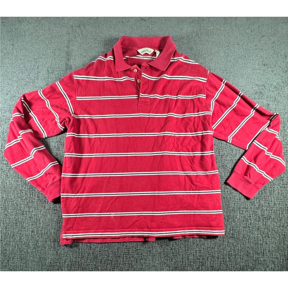 Eddie Bauer Mens Large Tall Red Striped Long Sleeve Cotton Polo‎ Shirt L/G Tall